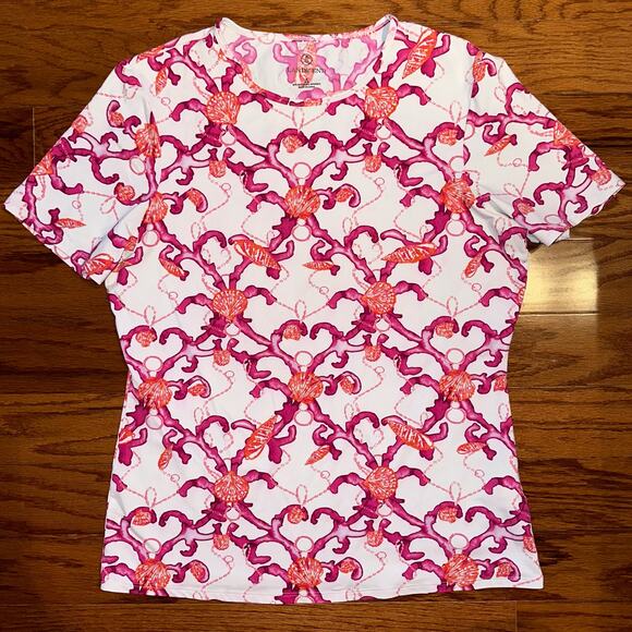 Lands’ End Short Sleeve Crew Neck Coral Shells Swim Tee Rash Guard Size Small - Picture 6 of 9